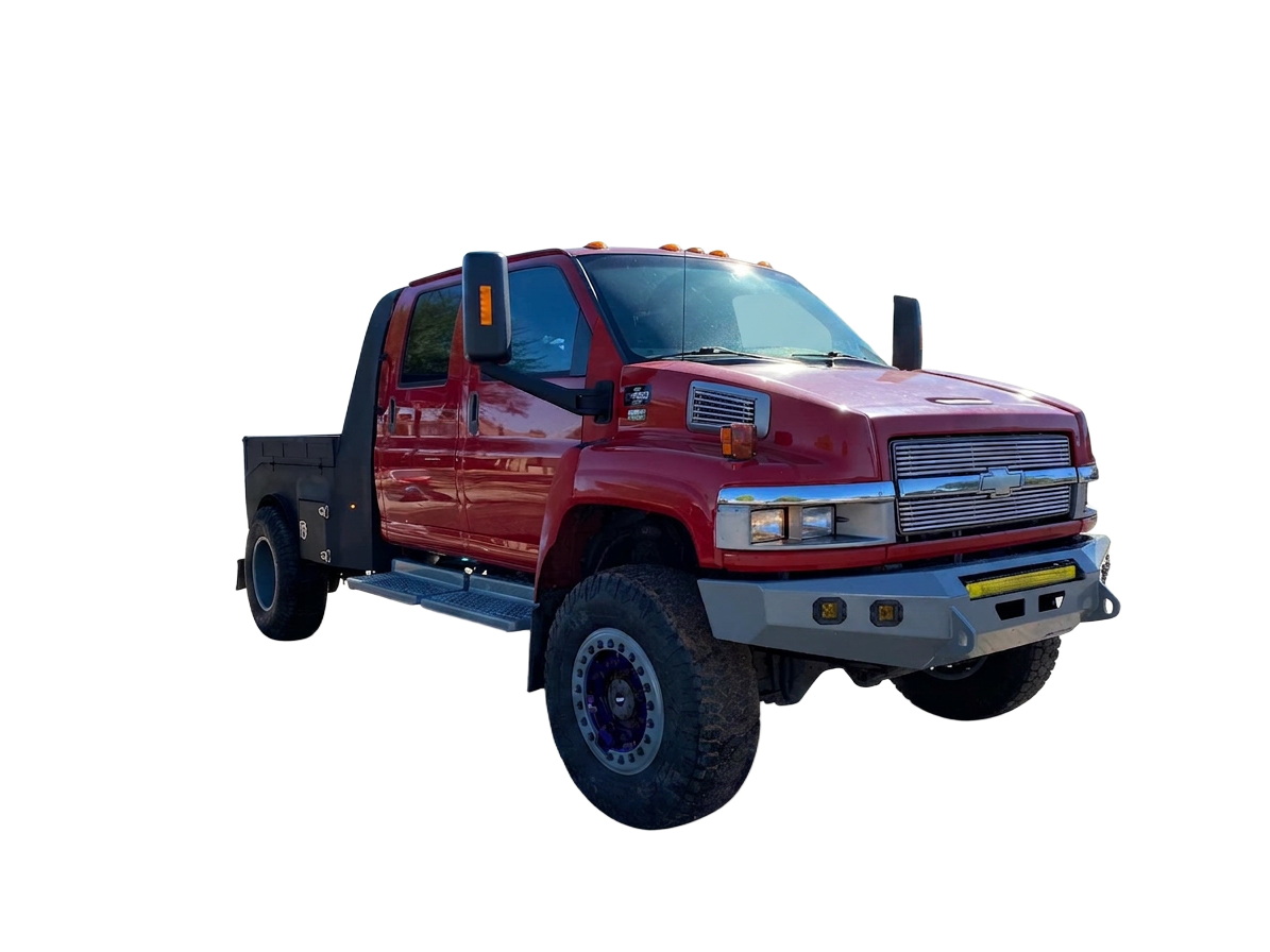 Red Chevy Kodiak with custom fabricated steel flatbed